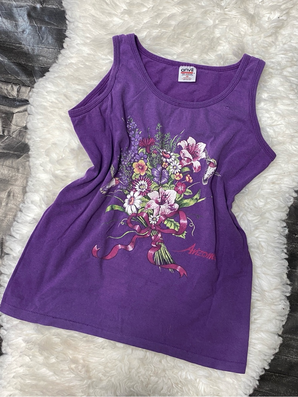 PURPLE FLORAL HUMMINGBIRD GRAPHIC SLEEVELESS TANK BOHO GRANNYCORE GARDEN COTTAGE